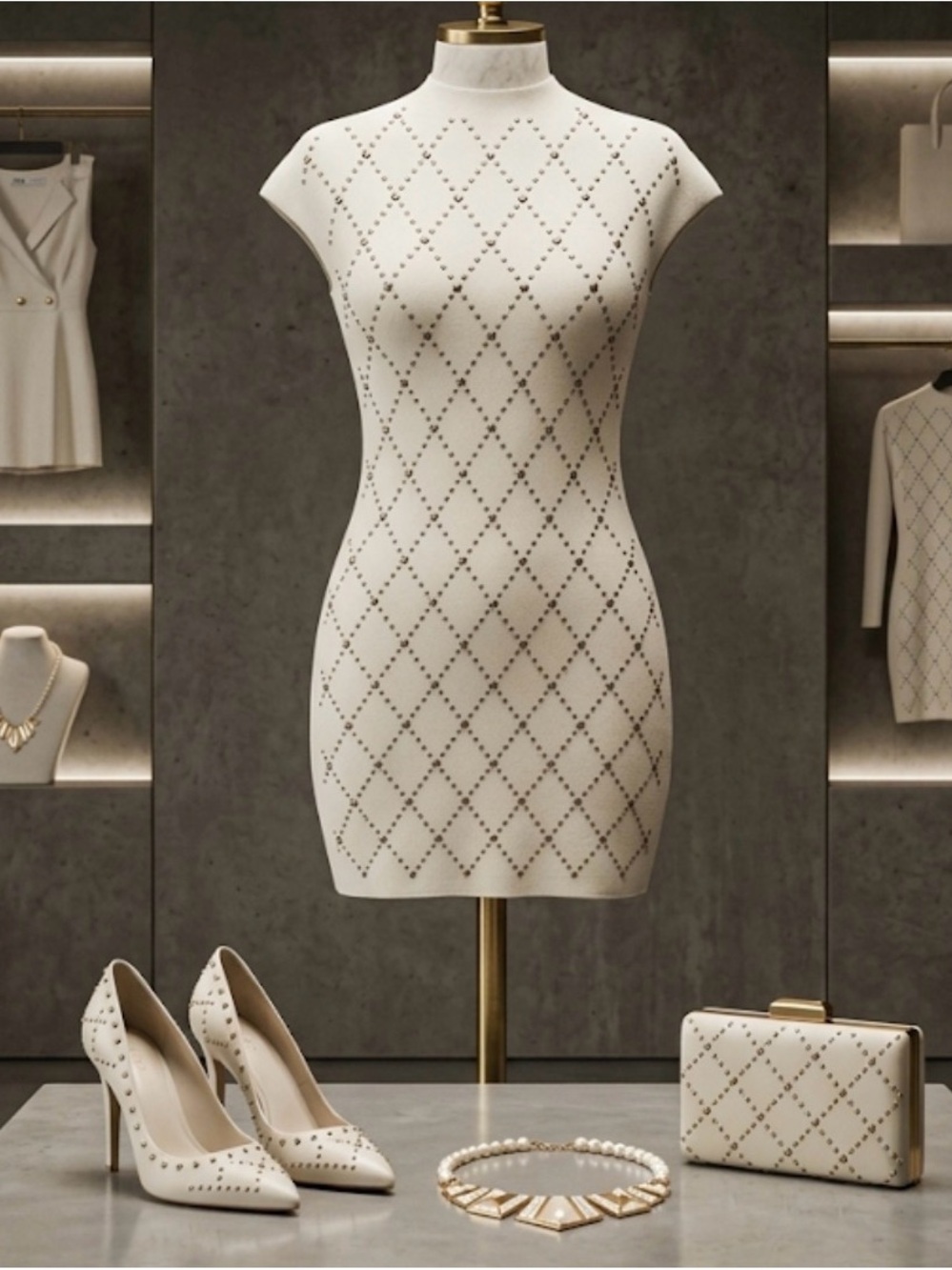 Zara Ivory Studded Knit Sheath Dress - Picture 2 of 5